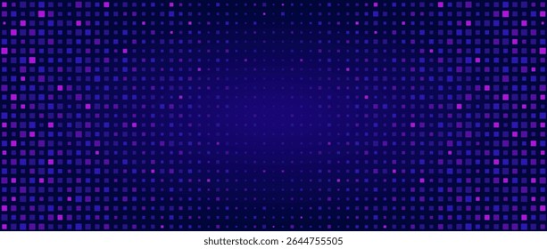 Disco pixel mosaic. Vector background of disco ball for party, glitter effect, glowing neon purple and pink dot lights. Pixelated texture background for screen, night club, web, concert hall, video