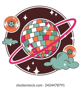 Planeta Disco. Espléndida bola de discoteca en forma de planeta entre las nubes y brillantes estrellas en colores vintage. Emblema vectorial, parche, etiqueta engomada