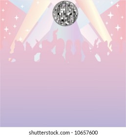 Disco plot. Human silhouettes dance against the backdrop of searchlights and glass disco ball.