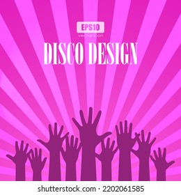 Disco poster design, people with raised hands over striped background, abstract festive clip art