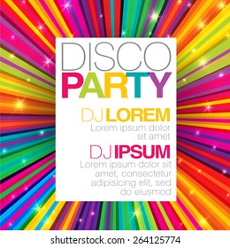 Disco poster or flyer design vector template on colorful rays background