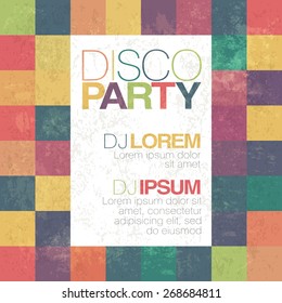 Disco poster or flyer design vintage vector template on colorful square background