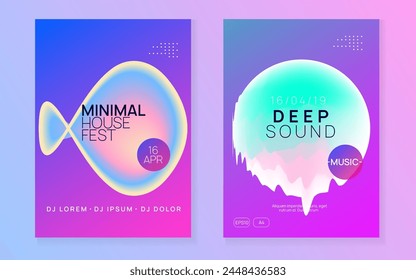 Disco Poster. Neon And Concert Design. Trendy Trance Banner. Modern Glitch For Invitation. Gradient Pattern For Cover Layout. Pink And Blue Disco Poster