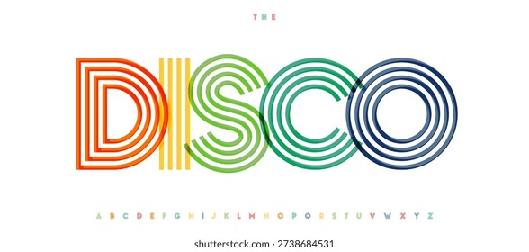 Disco retro 70s 80s 90s groovy striped outline font. Vintage color striped alphabet for party poster, club flyer, music cover, dance event headline, logo. Retro disco fest fonts. Vector typeset