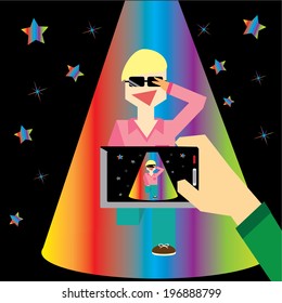Disco retro man with rainbow background