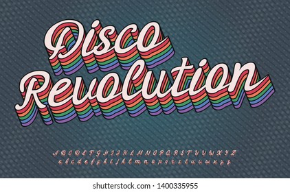 Disco Revolution. 3D vintage script font. Retro typeface. Vector font illustration. Comics style. Retro style 80th.