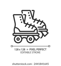 Disco roller skates pixel perfect linear icon. Old fashioned. Classic skating equipment. Funky party, retro footwear. Thin line illustration. Contour symbol. Vector outline drawing. Editable stroke