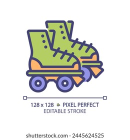 Disco roller skates pixel perfect RGB color icon. Old fashioned. Classic skating equipment. Funky party, retro footwear. Isolated vector illustration. Simple filled line drawing. Editable stroke