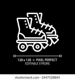 Disco roller skates pixel perfect white linear icon for dark theme. Classic skating equipment. Funky party, retro footwear. Thin line illustration. Isolated symbol for night mode. Editable stroke