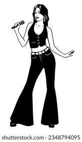 Disco Singer Woman 70s. Black and white ink style vector clipart.