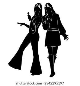 Disco Singers Silhouettes. Pretty women singing in duo. All figures are the separate objects. Vector cliparts isolated on white.