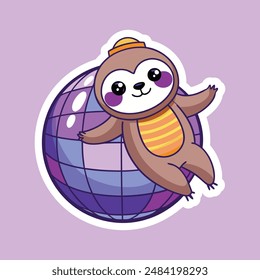 A disco sloth hanging from a sparkly disco ball sticker. Funny stickers. Vector illustration