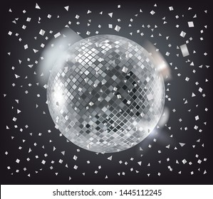 Disco sphere and silver confetti on dark background. Vector illustration