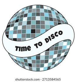 Disco-Aufkleber einzeln weiß. Vektorgrafik von Retro Disco Ball mit Band und Text Zeit zu Disco. Perfektes Retro-Element für Wanddekoration T-Shirt Hoodies Print. Bearbeitbarer Strich EPS 10