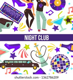 Disco style night club dancing party man and woman vector limousine and hookah discoball cocktail and vinyl disc champagne and female stiletto star-shaped glasses vehicle signboard with lights.