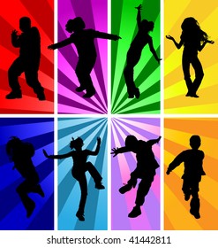 Disco styled vector silhouettes of kids, children, dancing, jumping at a party