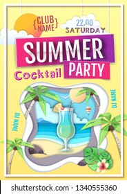 Disco summer cocktail party poster. Paper cut out art style design