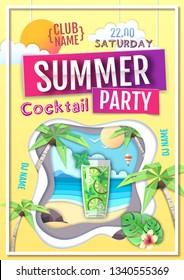Disco summer cocktail party poster. Paper cut out art style design