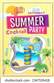 Disco summer cocktail party poster. Paper cut out art style design