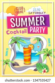 Disco summer cocktail party poster. Paper cut out art style design