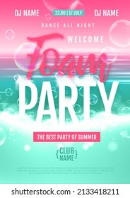 Disco summer foam party poster.  Soap foam with soap rainbow bubbles. Vector illustration