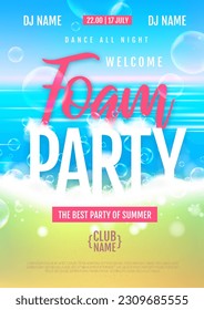 Disco summer foam party poster.  Soap foam with soap rainbow bubbles. Vector illustration