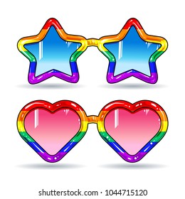 disco sunglasses in the shape of hearts and stars, frame in rainbow colors