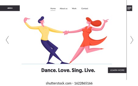 Disco or Tango Dance Leisure or Hobby Website Landing Page. Young Couple Dancing Sparetime. People Active Lifestyle, Man and Woman Spend Time Together Web Page Banner. Cartoon Flat Vector Illustration
