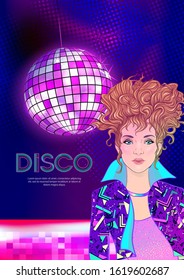 Disco time Party design template with fashion girl, disco ball, light and place for text. Invitation template design for glamour event, thematic wedding, party flyer. Vector illustration.
