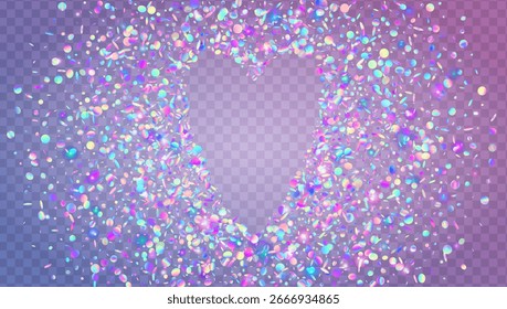Disco Tinsel En Forma De Corazón. Confeti Holográfico Rosa Y Brillo Neón. Amor De San Valentín Y Fondo De Boda Con Lentejuelas Brillantes. Fiesta de cumpleaños azul. Purple Shiny Disco Tinsel