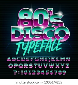 80’s Disco typeface. Letters and numbers. Stock vector alphabet font for your design in retro 80s style.