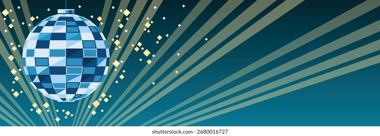 Banner da web disco com bola espelho e brilhos - ilustração vetor da festa de dança retro com raios e efeitos de brilho em um fundo azul-petróleo