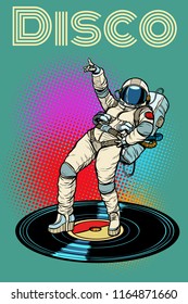 Disco. Woman astronaut dancing. Pop art retro vector illustration vintage kitsch