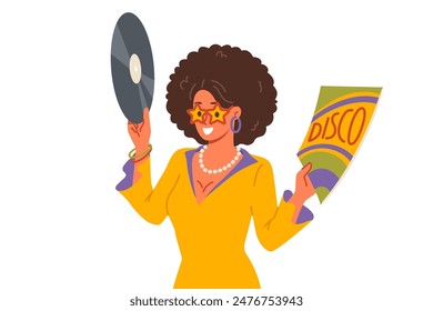 Disco woman holds vinyl record and invites you to retro holiday party with opportunity to dance and have fun. Girl in disco outfit enjoys listening to songs from authors from last century
