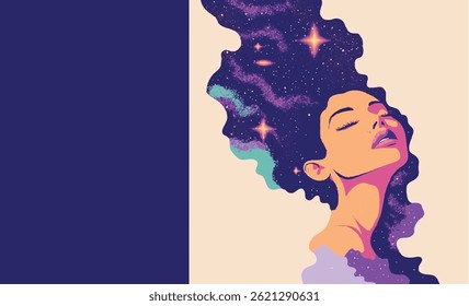 Disco woman retro flyer with copyspace vintage look in purple and beige with stars and flowing hair model for club dance party event web print design backdrop vector design element
