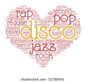 Disco. Word cloud, heart, italic font, gradient grey background. Love of music.