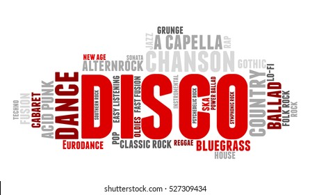 Disco. Word cloud, type font, gradient grey background. Music concept.