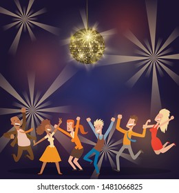Discoball in bar banner, poster vector illustration. People dancing at party. Women and men having fun, performing. Shining disco ball. Fast music in night club. Evening entertainment.