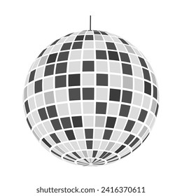 Discoball icon. Shining night club sphere. Dance music party glitterball. Mirrorball in 70s 80s retro discotheque style. Nightlife symbol isolated on white background. Vector flat illustration