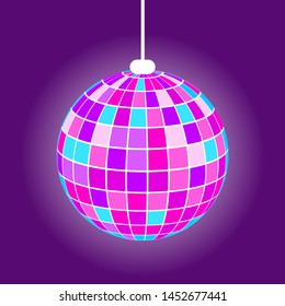 Discoball with rays from square, hanging purple mirrorball with light. Element of night club or party, glowing equipment, shiny globe, nightlife vector