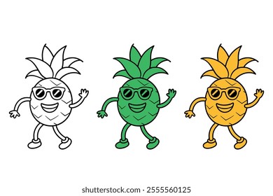 A disco-dancing pineapple, outlined, mid-twirl, wearing cool sunglasses and a cheeky grin. vector design