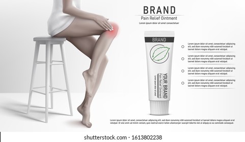 Discoloured Illustration with woman that sitting on the stool, rubbing her knee and suffering from pain in knee with the pain relief ointment tube mockup. Vector illustration.