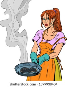 Discomfiture. A Woman And A Food Burnt In A Frying Pan. Pop Art Retro Vector Illustration Kitsch Vintage 50s 60s