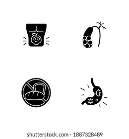 Discomfort In Abdomen Black Glyph Icons Set On White Space. Food Poisoning. Gallstones. Gluten Intolerance. Stomach Virus. Foodborne Illness. Silhouette Symbols. Vector Isolated Illustration