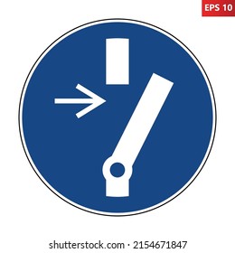 Disconnect before carrying out maintenance or repair sign. Vector illustration of circular blue mandatory sign with switch icon inside. Safety symbol. Turn off before use.