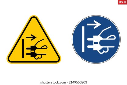 Disconnect mains plug from electrical outlet sign. Vector illustration of signs with human hand pulling out plug. Unplugged symbol isolated on white background. Warning and mandatory sign.