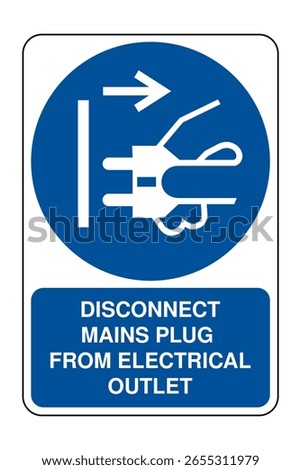 Disconnect Mains Plug from Electrical Outlet Symbol with Explanation – Electrical Safety Instruction Icon for Equipment Shutdown Protocol – High Quality Vectorial Stock Image