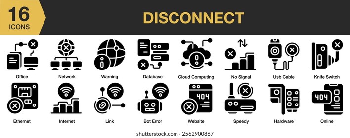 Disconnect solid icon set. Includes database, warning, usb cable, website, internet, and More. Solid icons vector collection.