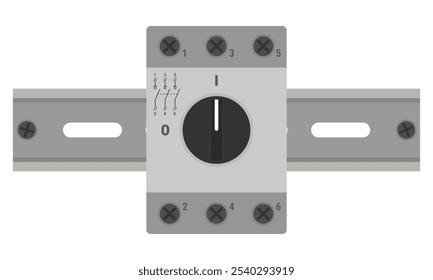 Chave de desconexão com alça preta montada em um trilho DIN. Ilustração vetorial em estilo plano