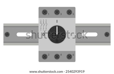 Disconnect switch with black handle mounted on a DIN rail. Vector illustration in flat style